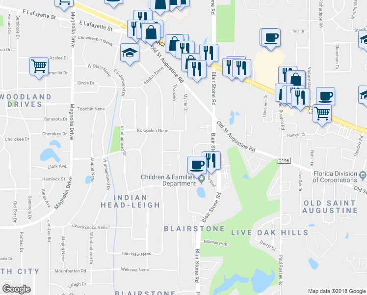 map of restaurants, bars, coffee shops, grocery stores, and more near 1819 Tamiami Drive in Tallahassee
