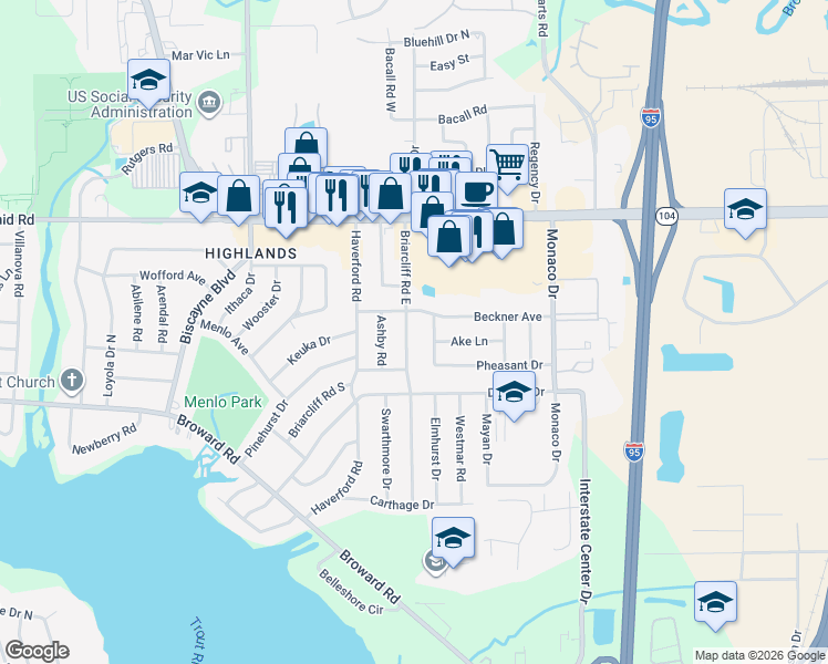 map of restaurants, bars, coffee shops, grocery stores, and more near 10548 East Briarcliff Road in Jacksonville