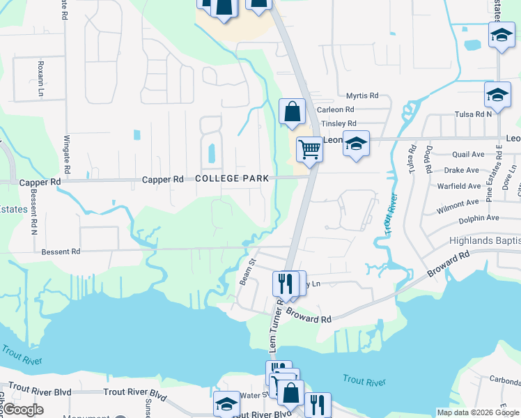 map of restaurants, bars, coffee shops, grocery stores, and more near 10542 Maidstone Cove Drive in Jacksonville