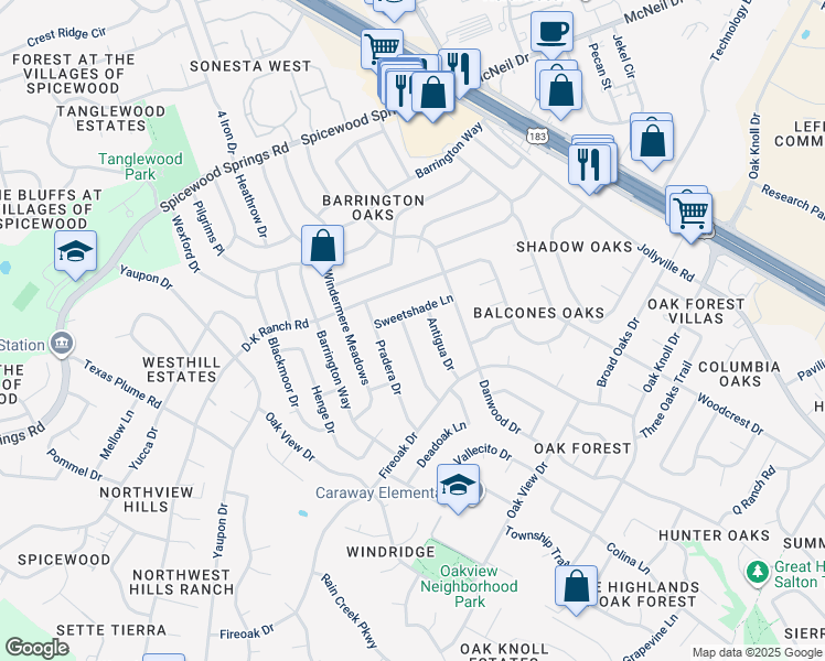 map of restaurants, bars, coffee shops, grocery stores, and more near 11505 Charred Oak Drive in Austin