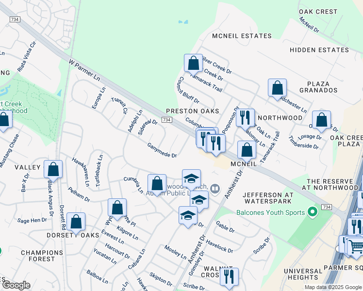 map of restaurants, bars, coffee shops, grocery stores, and more near 4310 Ganymede Drive in Austin