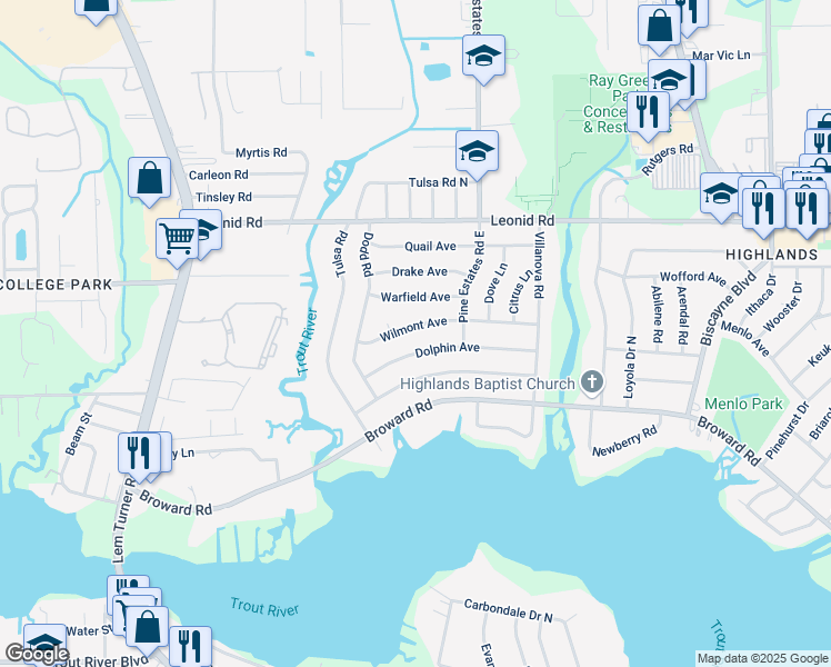 map of restaurants, bars, coffee shops, grocery stores, and more near 2460 Wilmont Avenue in Jacksonville