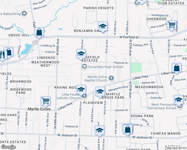 map of restaurants, bars, coffee shops, grocery stores, and more near 1310 North 65th Avenue in Pensacola