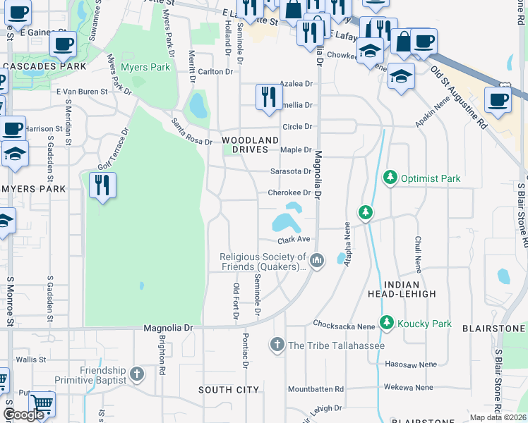 map of restaurants, bars, coffee shops, grocery stores, and more near 1609 Seminole Drive in Tallahassee
