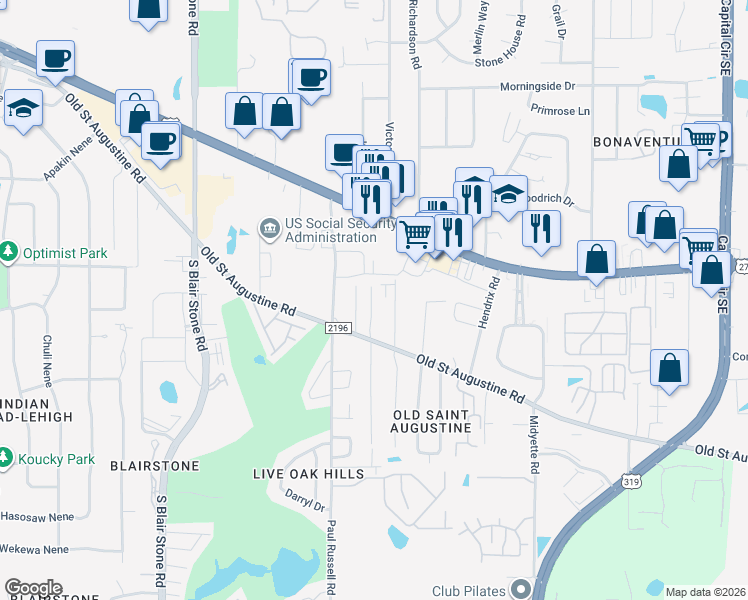 map of restaurants, bars, coffee shops, grocery stores, and more near 1439 Live Oak Drive in Tallahassee