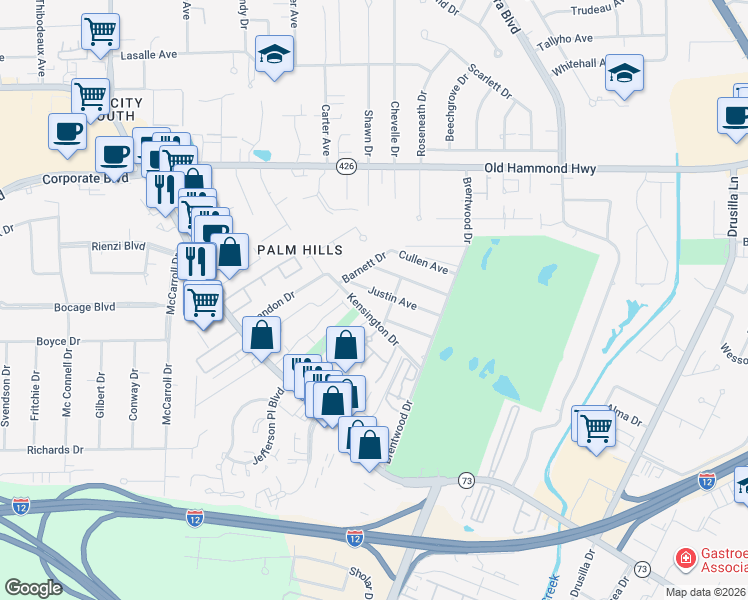 map of restaurants, bars, coffee shops, grocery stores, and more near 8343 Justin Avenue in Baton Rouge
