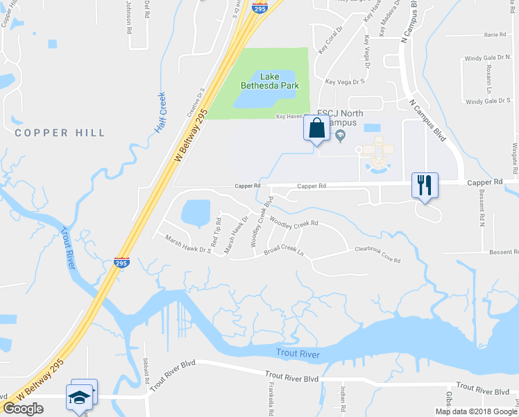 map of restaurants, bars, coffee shops, grocery stores, and more near 4326 Woodley Creek Road in Jacksonville