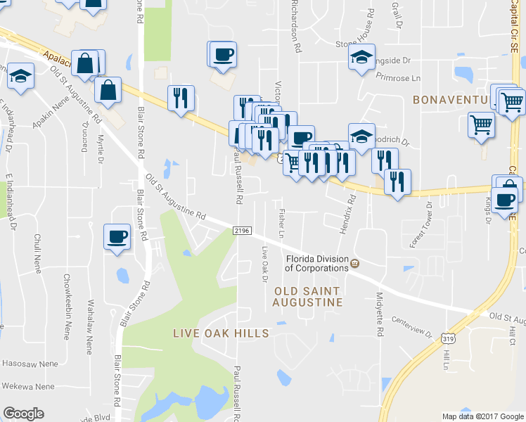 map of restaurants, bars, coffee shops, grocery stores, and more near 1434 Fisher Lane in Tallahassee