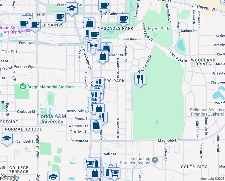 map of restaurants, bars, coffee shops, grocery stores, and more near 1709 South Calhoun Street in Tallahassee