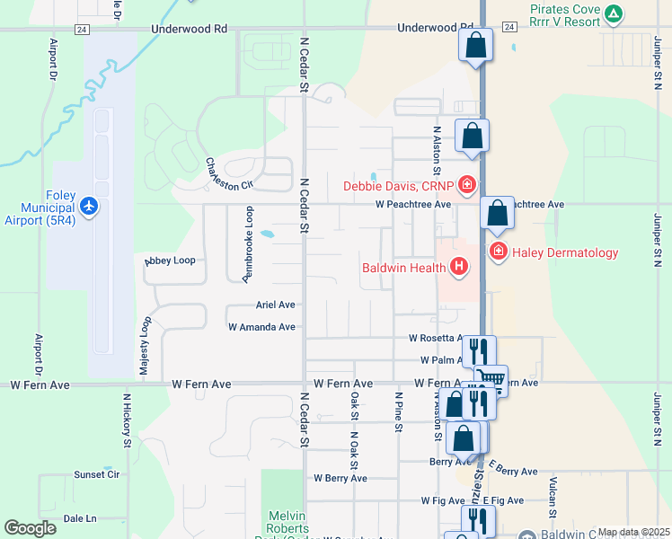 map of restaurants, bars, coffee shops, grocery stores, and more near 412 Cedar Court in Foley