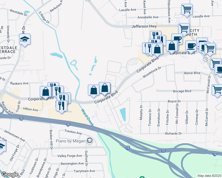 map of restaurants, bars, coffee shops, grocery stores, and more near 6765 Corporate Boulevard in Baton Rouge