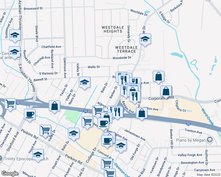 map of restaurants, bars, coffee shops, grocery stores, and more near 2467 Brownlee Street in Baton Rouge