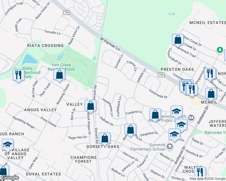 map of restaurants, bars, coffee shops, grocery stores, and more near 12417 Enchanted Forest Drive in Austin