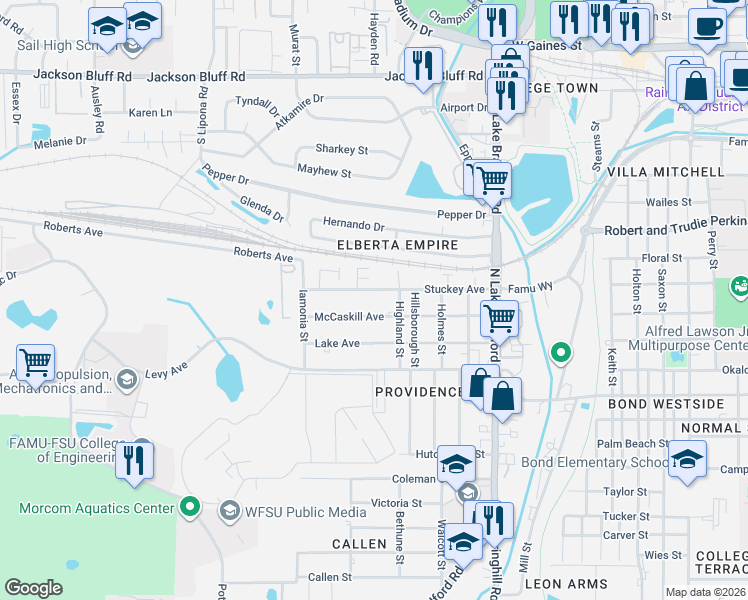map of restaurants, bars, coffee shops, grocery stores, and more near 1519 Stuckey Avenue in Tallahassee
