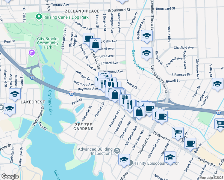 map of restaurants, bars, coffee shops, grocery stores, and more near 2937 Greenwood Drive in Baton Rouge