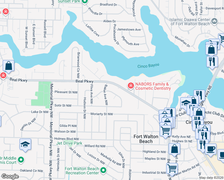 map of restaurants, bars, coffee shops, grocery stores, and more near 227 Bayou Woods Drive Northwest in Fort Walton Beach