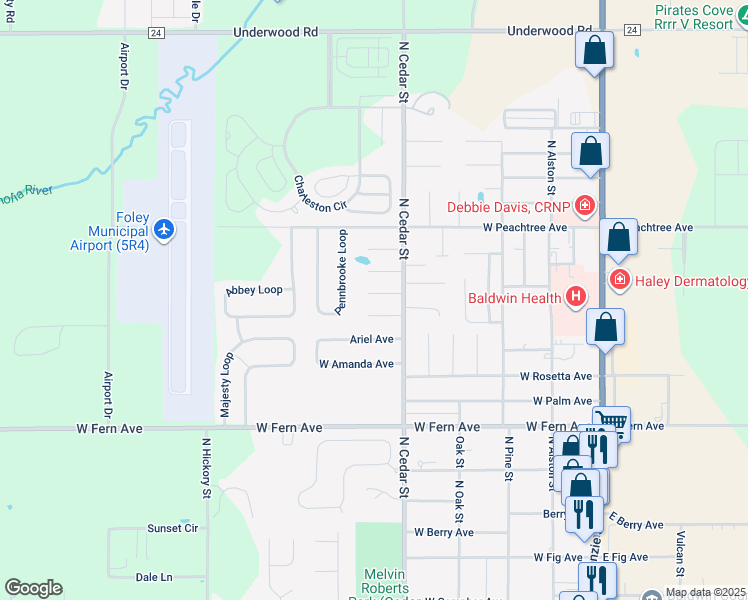 map of restaurants, bars, coffee shops, grocery stores, and more near 511 Jeraldean Court in Foley