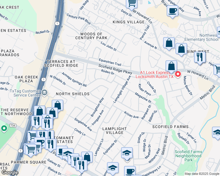 map of restaurants, bars, coffee shops, grocery stores, and more near 13132 Kellies Farm Lane in Austin