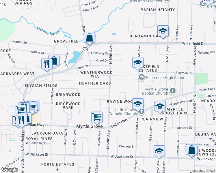 map of restaurants, bars, coffee shops, grocery stores, and more near 1305 North 69th Avenue in Pensacola