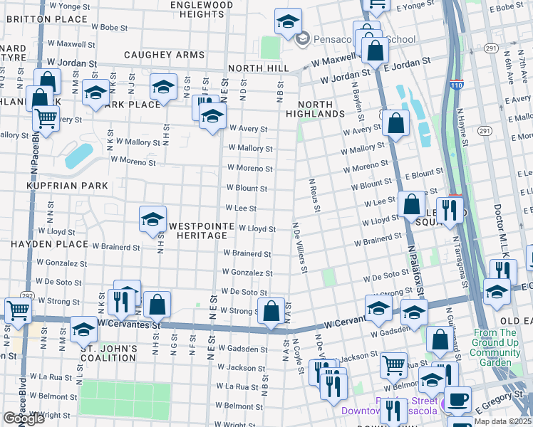 map of restaurants, bars, coffee shops, grocery stores, and more near 615 West Lee Street in Pensacola