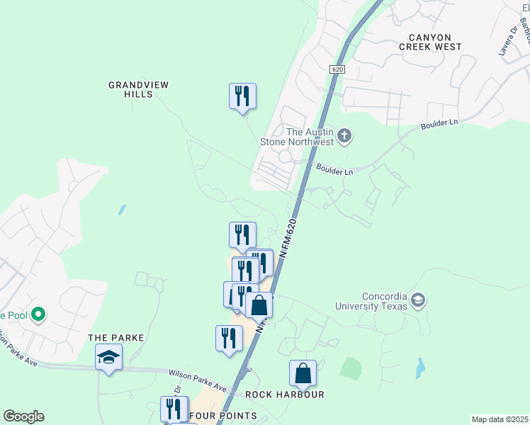 map of restaurants, bars, coffee shops, grocery stores, and more near 8610 Ranch Road 620 North in Austin