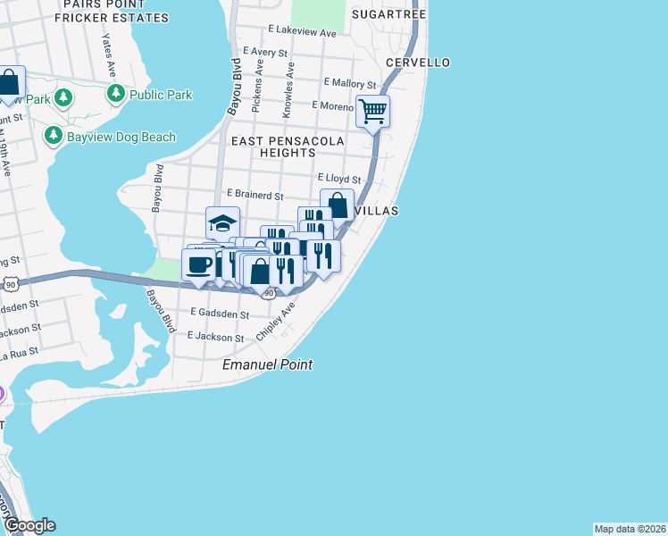map of restaurants, bars, coffee shops, grocery stores, and more near 710 Scenic Highway in Pensacola