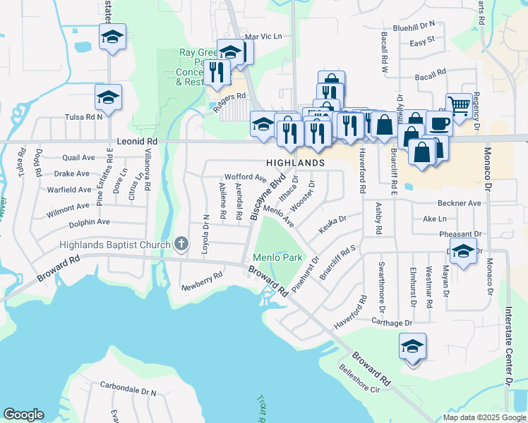 map of restaurants, bars, coffee shops, grocery stores, and more near 1562 Menlo Avenue in Jacksonville