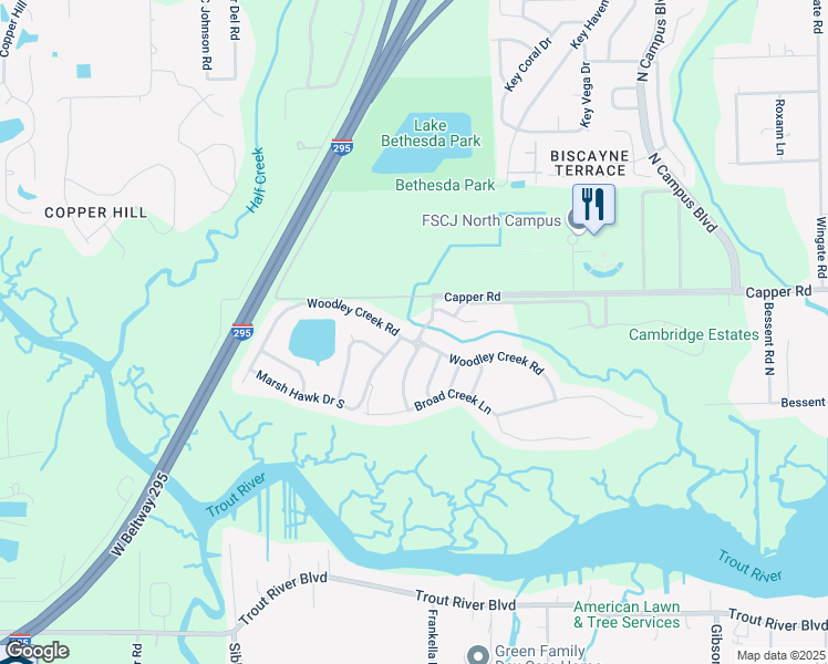 map of restaurants, bars, coffee shops, grocery stores, and more near 4326 Woodley Creek Road in Jacksonville