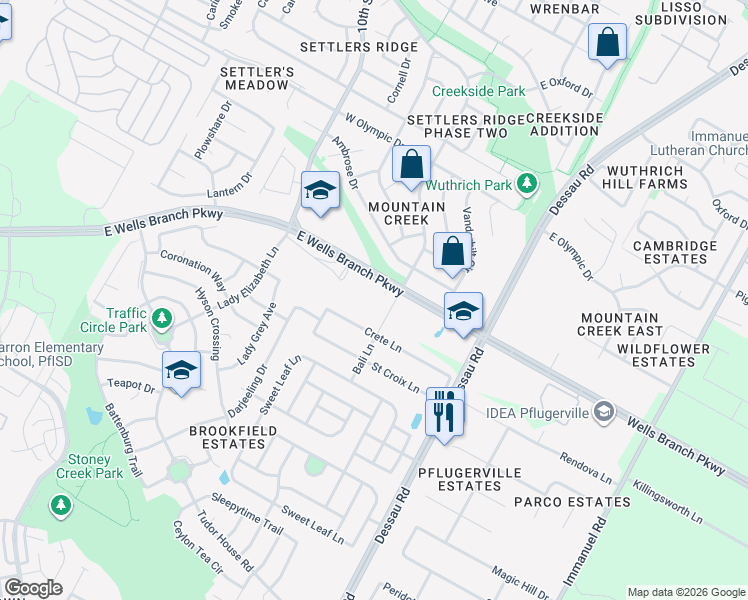 map of restaurants, bars, coffee shops, grocery stores, and more near 1305 East Wells Branch Parkway in Pflugerville