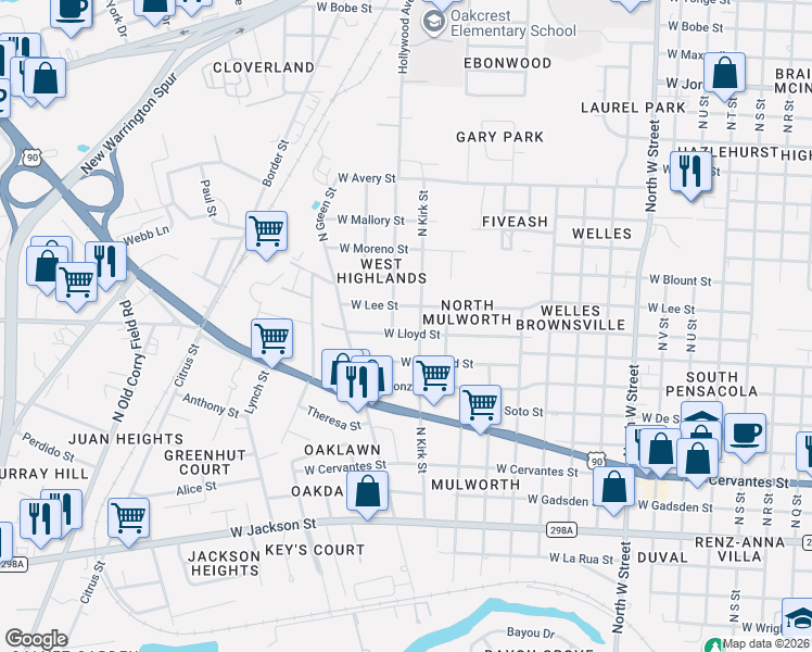 map of restaurants, bars, coffee shops, grocery stores, and more near 3704 West Lloyd Street in Pensacola