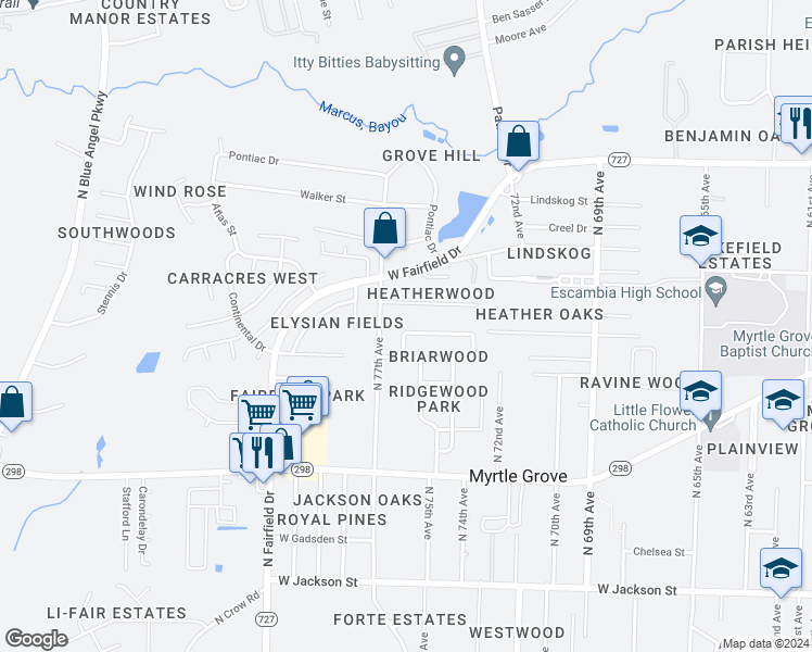 map of restaurants, bars, coffee shops, grocery stores, and more near 7300 Sachem Road in Pensacola