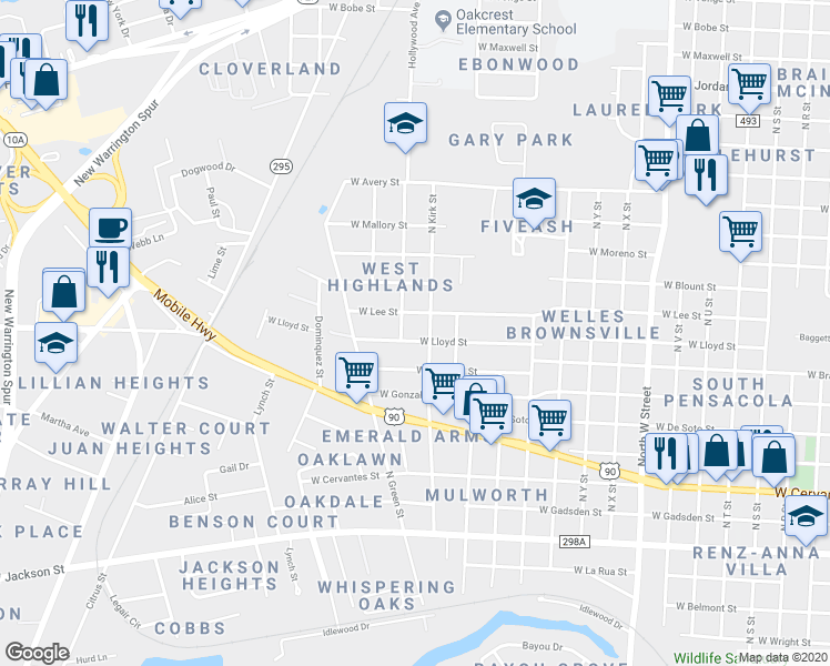 map of restaurants, bars, coffee shops, grocery stores, and more near 3704 West Lloyd Street in Pensacola