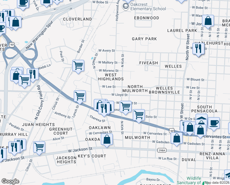 map of restaurants, bars, coffee shops, grocery stores, and more near 3708 West Lloyd Street in Pensacola