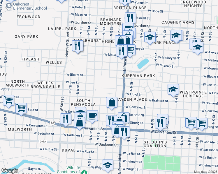 map of restaurants, bars, coffee shops, grocery stores, and more near 6 Baggett Court in Pensacola