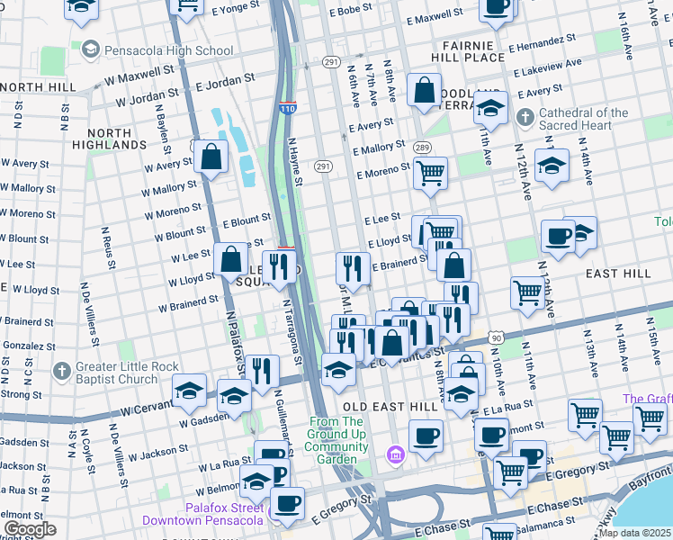 map of restaurants, bars, coffee shops, grocery stores, and more near 320 East Brainerd Street in Pensacola