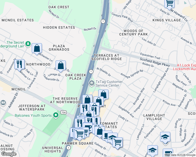 map of restaurants, bars, coffee shops, grocery stores, and more near 13000 Wingate Way in Austin