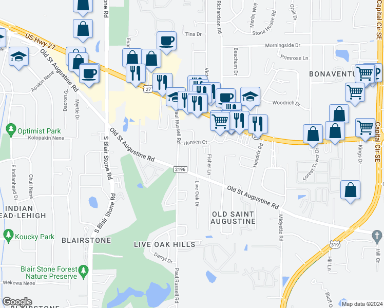map of restaurants, bars, coffee shops, grocery stores, and more near 1331 Castelnau Court in Tallahassee
