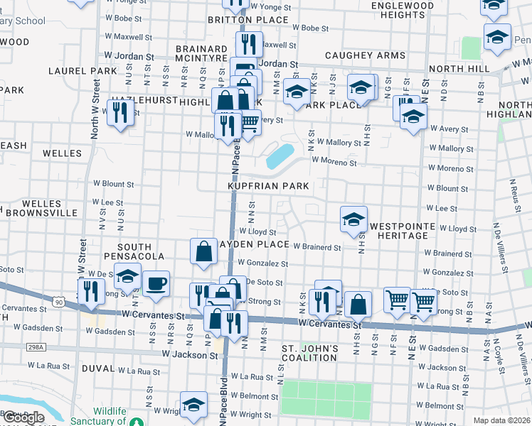 map of restaurants, bars, coffee shops, grocery stores, and more near 1922 West Lee Street in Pensacola