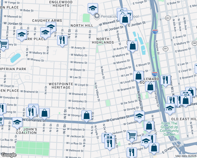 map of restaurants, bars, coffee shops, grocery stores, and more near 426 West Lee Street in Pensacola