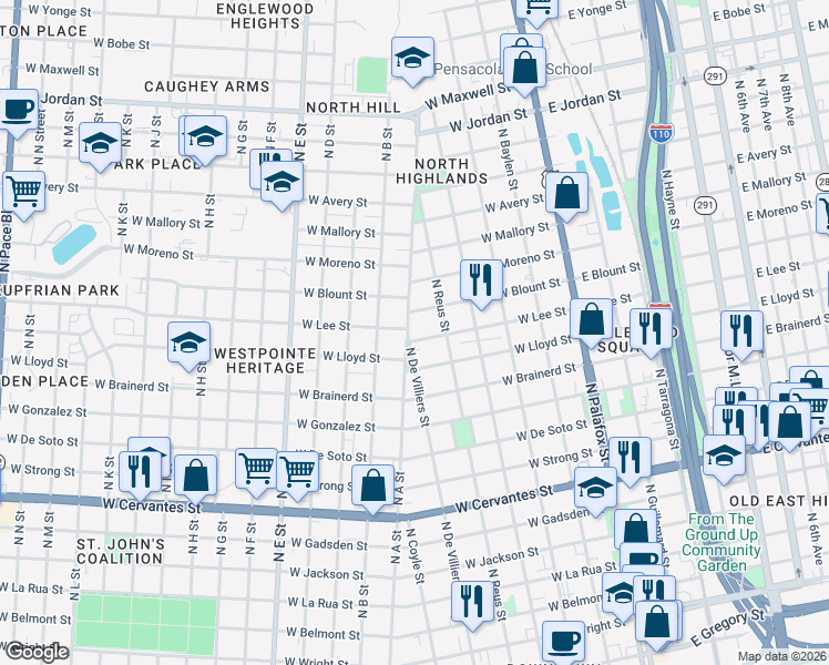 map of restaurants, bars, coffee shops, grocery stores, and more near 426 West Lee Street in Pensacola