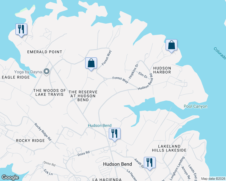 map of restaurants, bars, coffee shops, grocery stores, and more near 5910 Hudson Bend Road in Austin