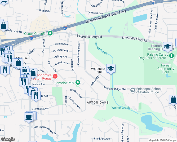 map of restaurants, bars, coffee shops, grocery stores, and more near 2775 Woodland Ridge Boulevard in Baton Rouge