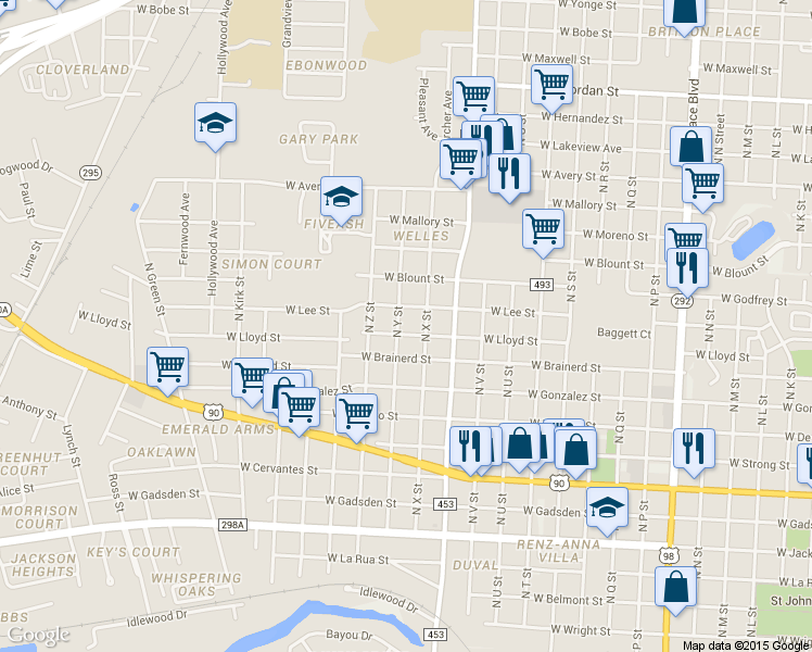 map of restaurants, bars, coffee shops, grocery stores, and more near 3020 West Lloyd Street in Pensacola