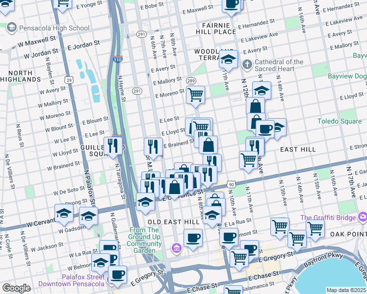map of restaurants, bars, coffee shops, grocery stores, and more near 1115 North 7th Avenue in Pensacola