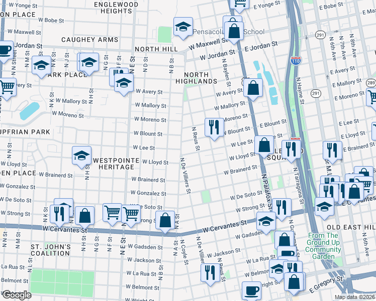 map of restaurants, bars, coffee shops, grocery stores, and more near 426 West Lee Street in Pensacola