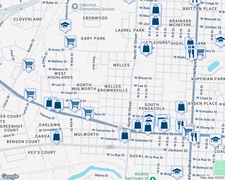 map of restaurants, bars, coffee shops, grocery stores, and more near 3020 West Lloyd Street in Pensacola