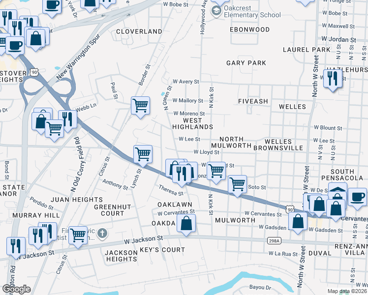 map of restaurants, bars, coffee shops, grocery stores, and more near 3824 West Lloyd Street in Pensacola