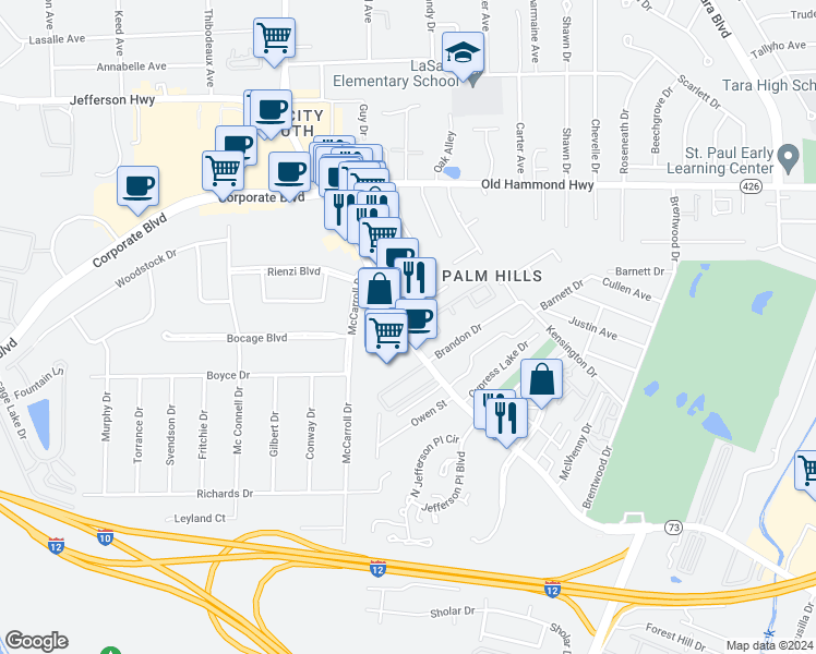 map of restaurants, bars, coffee shops, grocery stores, and more near 8001 Jefferson Highway in Baton Rouge
