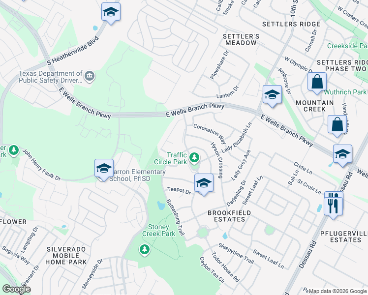 map of restaurants, bars, coffee shops, grocery stores, and more near 14916 Earl Grey Lane in Pflugerville