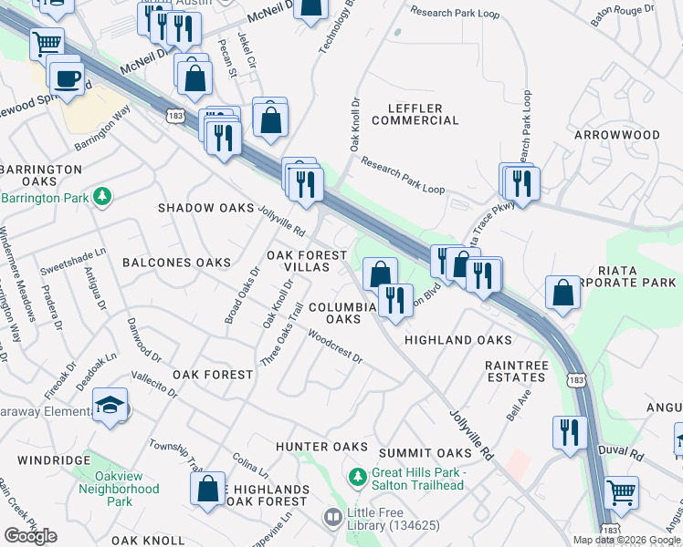 map of restaurants, bars, coffee shops, grocery stores, and more near 11956 Jollyville Road in Austin